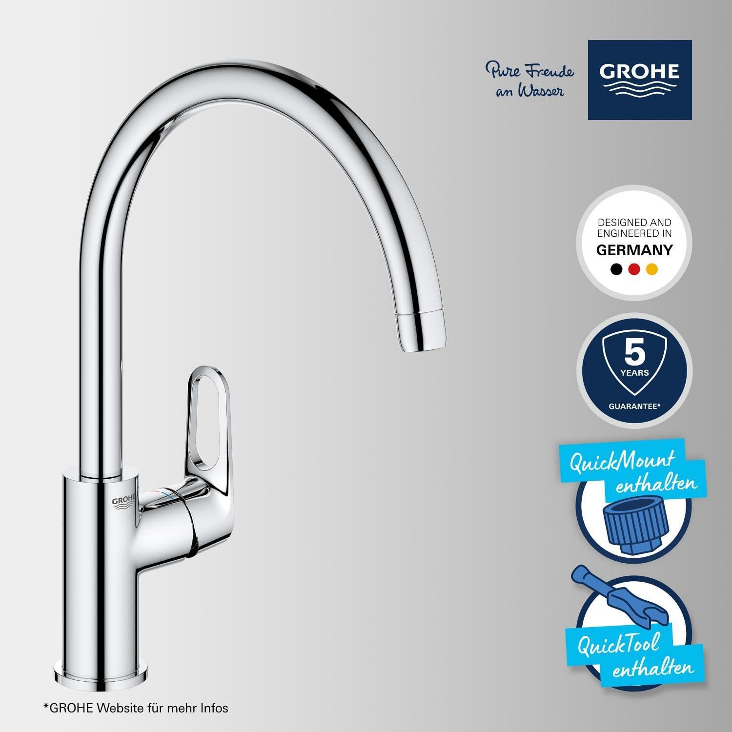Detalle de GROHE Start Flow Küchenarmatur 31555001 mit hohem Auslauf und 360° Schwenkbereich (chrom)