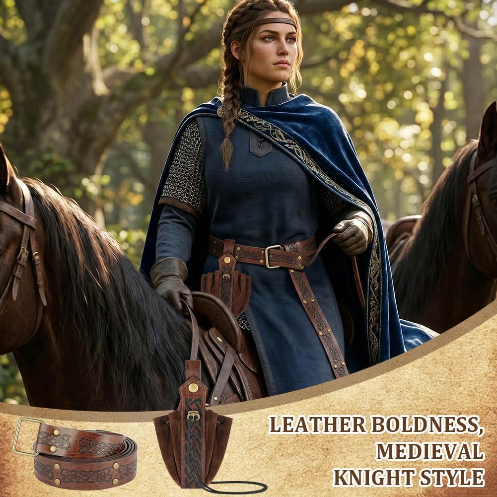 Thumbnail 6 de AYBUY Ceinture Médiévale avec Relief Nordique et Sac de Ceinture Viking en Simili-Cuir – Brun-C