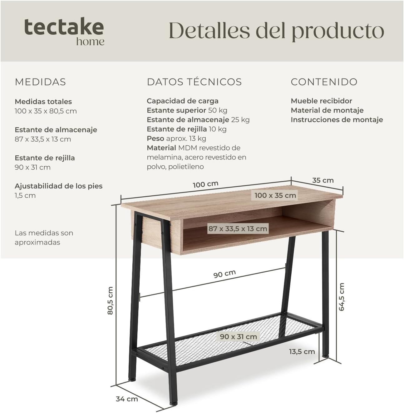 Detalle 2 de tectake Mesa Consola Industrial 100x35x80,5 cm