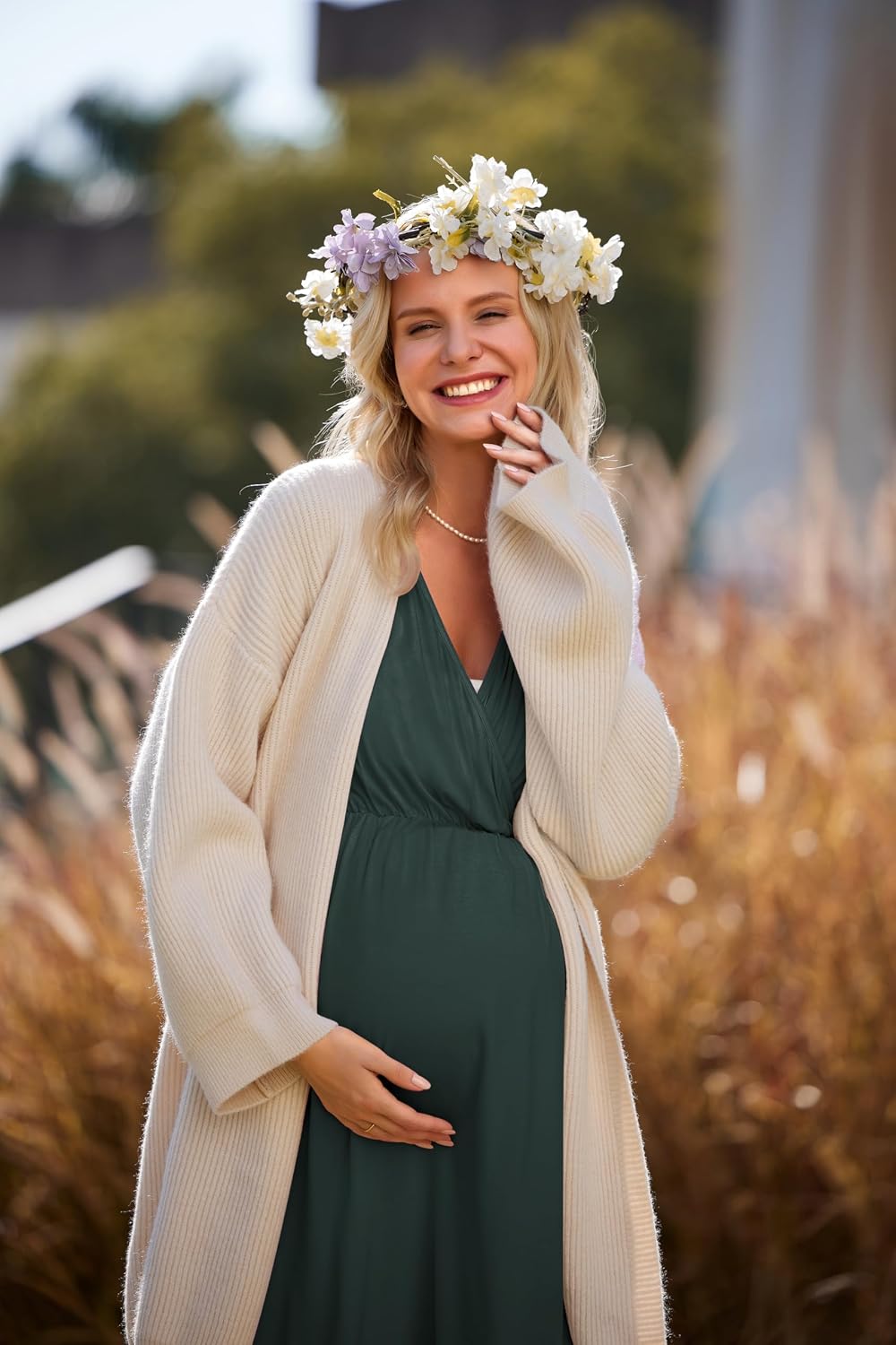 Detalle de Ekouaer AMK005435 Maternity Nursing Gown with Stretch Fabric and Split Front