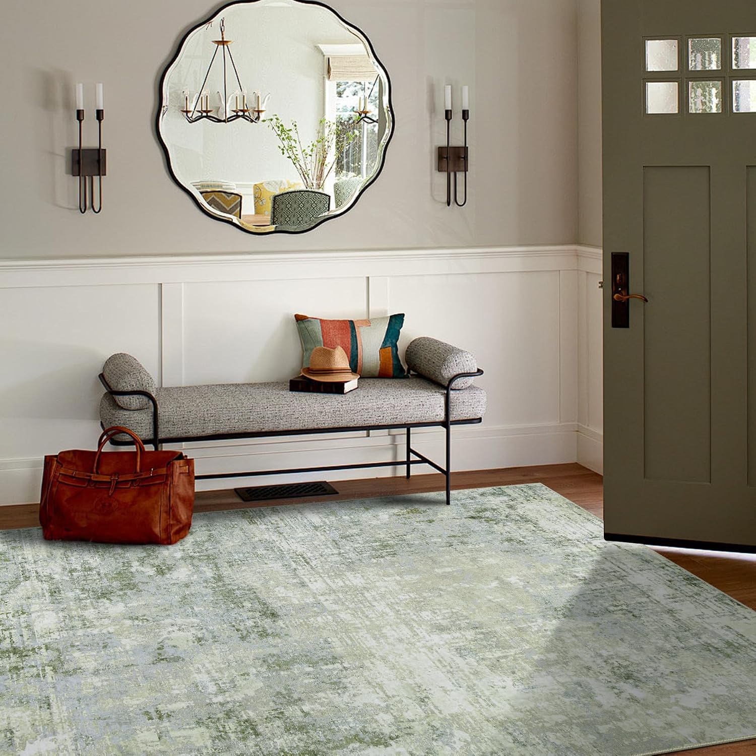 Detalle de Aelenmu 5' x 7' Green Area Rug, Washable Low-Pile Polyester with Non-Slip Backing