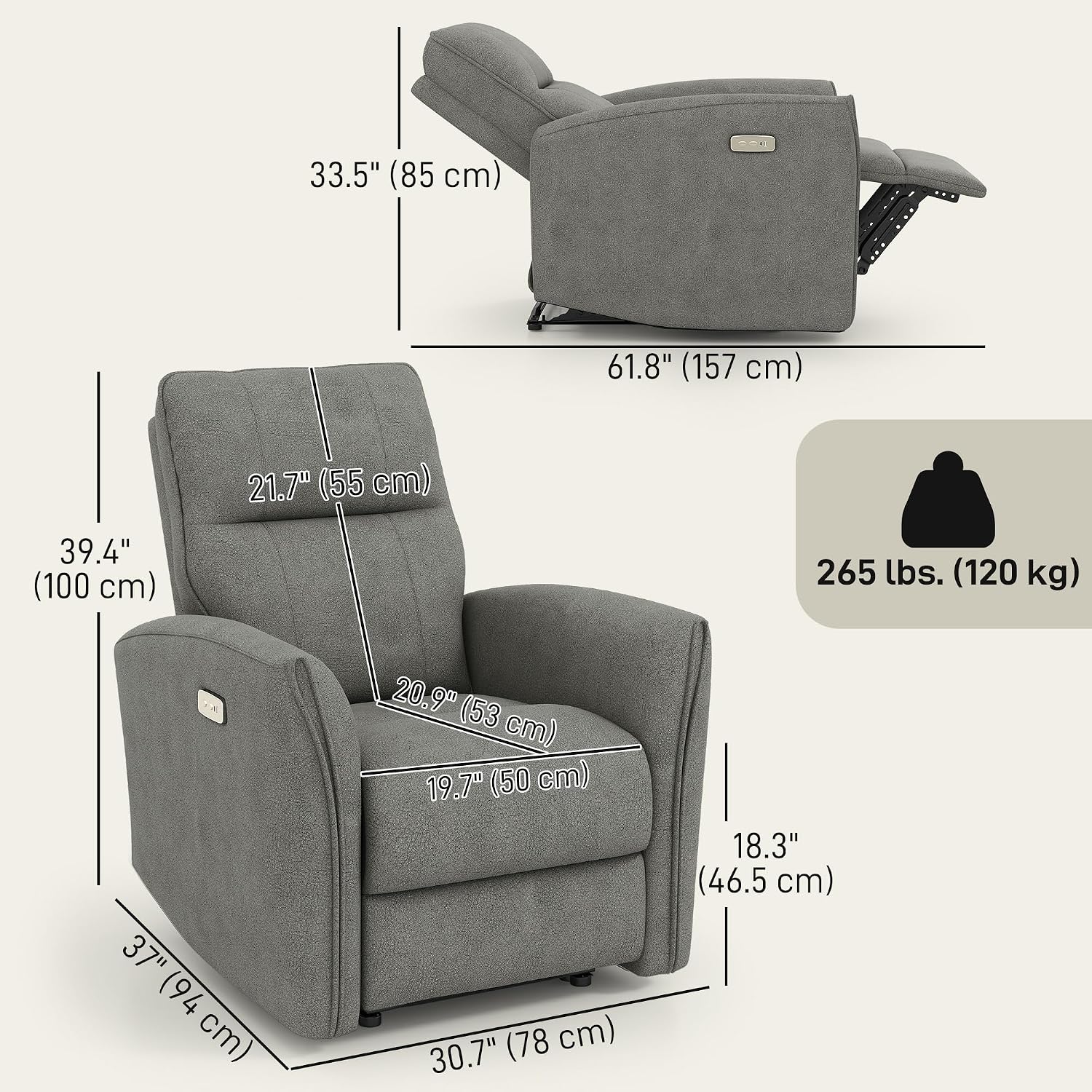 Detalle de HOMCOM Electric Power Recliner Chair, Grey Polyester, USB-A and USB-C