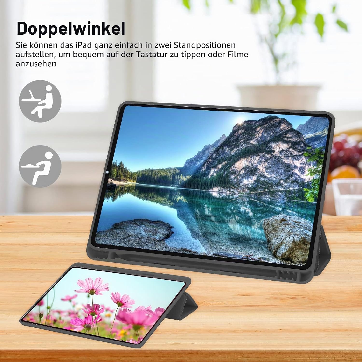 Detalle de Hülle für iPad 9.Gen / 8. Gen / 7. Gen (10,2 Zoll) mit Stifthalter, Trifold-Stand, Auto Schlafen/Wachen – Schwarz