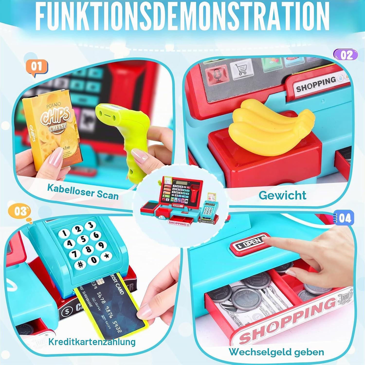 Detalle de Elektronische Spielzeug-Kasse mit Scanner und Sound – Rollenspielkasse für Kinder ab 3 Jahren