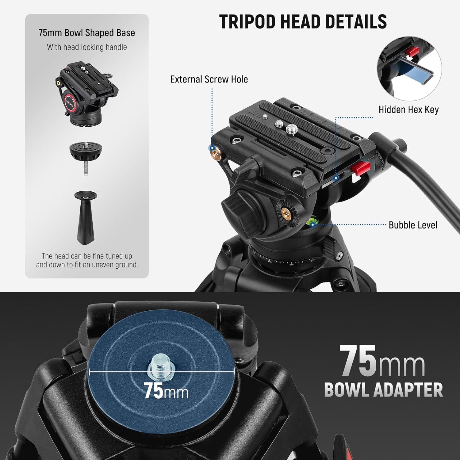 Thumbnail 6 de NEEWER 74" Video Tripod with Fluid Head & Damping Control (TP74) – Heavy-Duty Aluminium Stance for DSLR & Camcorders