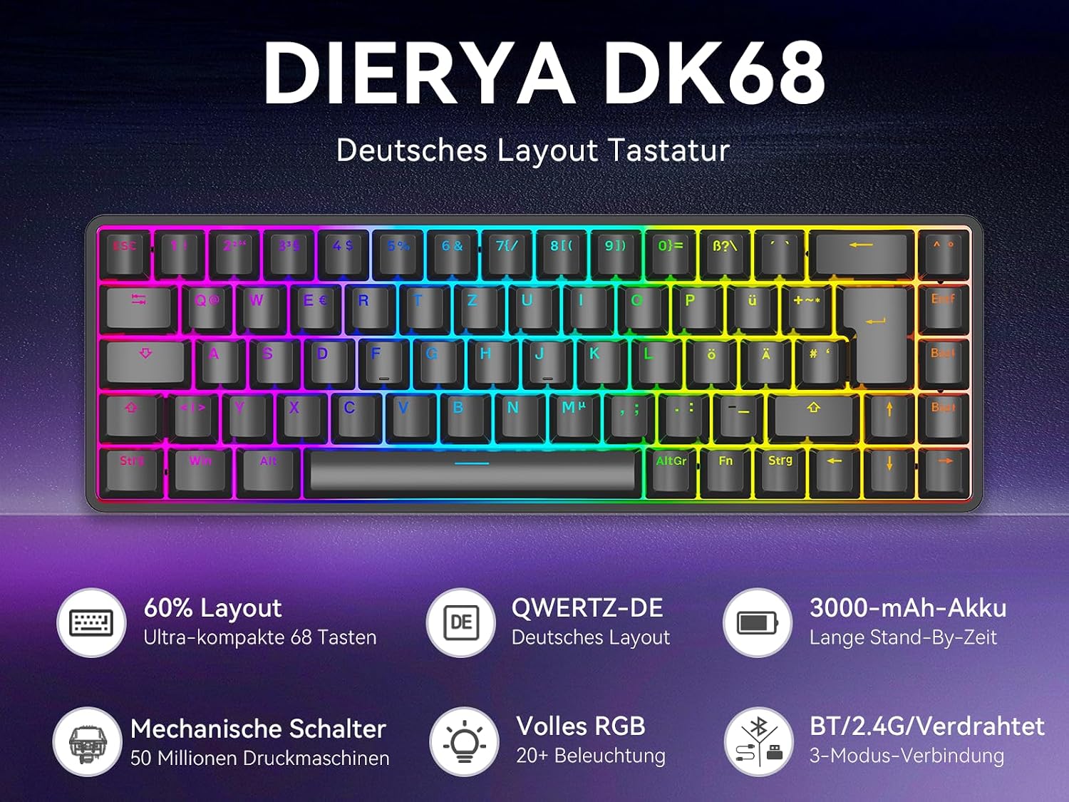 Detalle 2 de Dierya DK68 kabellose Gaming Tastatur ⌨