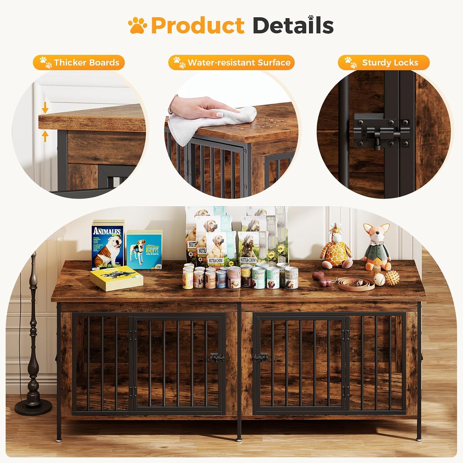 Detalle de NEWBULIG Double Dog Crate Furniture, 63-inch