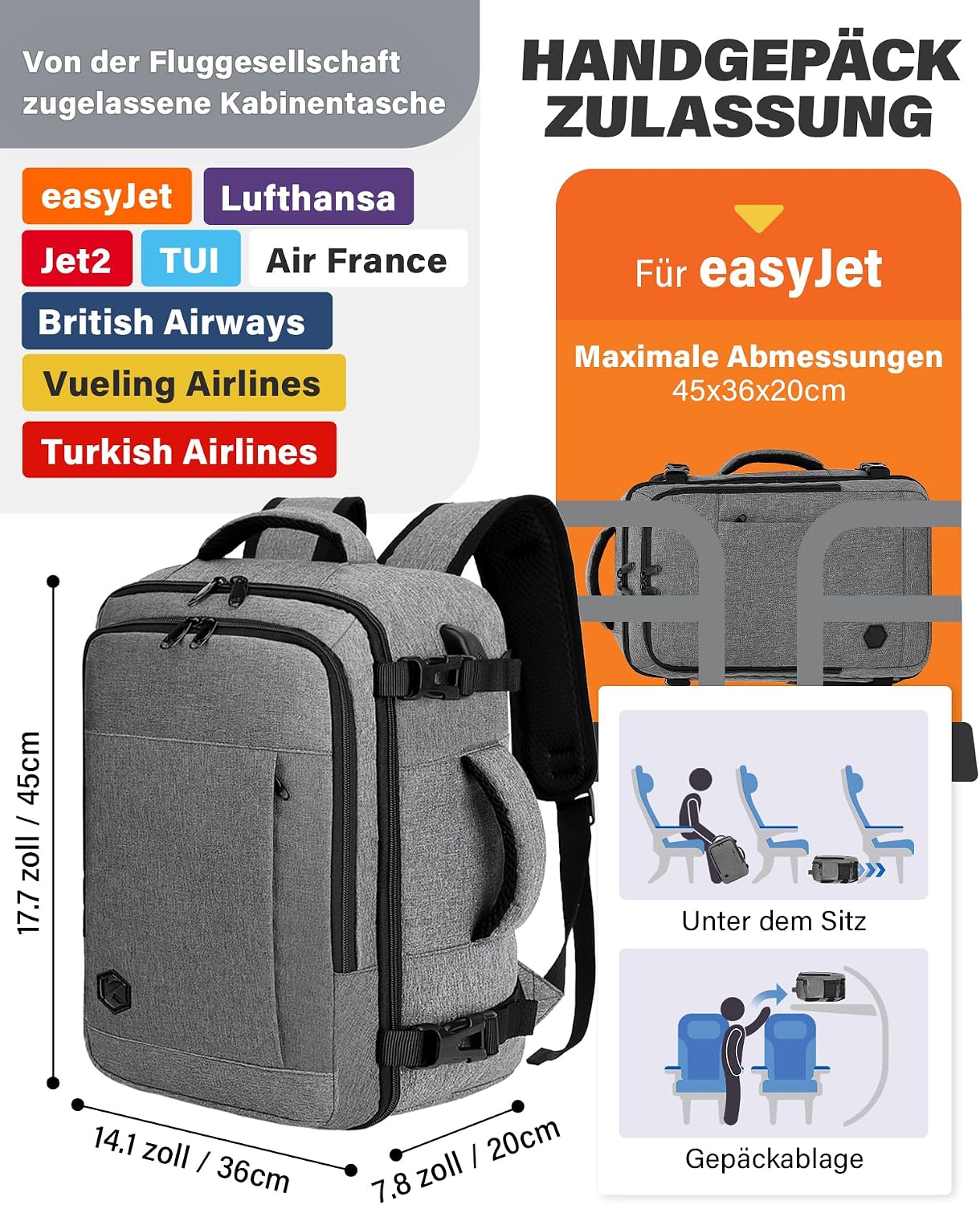 Detalle de VANKEV Handgepäck Rucksack 45x36x20