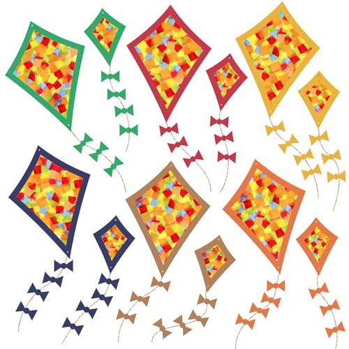 Detalle de Herbstbasteln für Kinder – HILKKET Herbst Fensterbilder Bastelset mit 12 Papierdrachen (6 groß, 6 klein) + Tonkarton & Transparentpapier