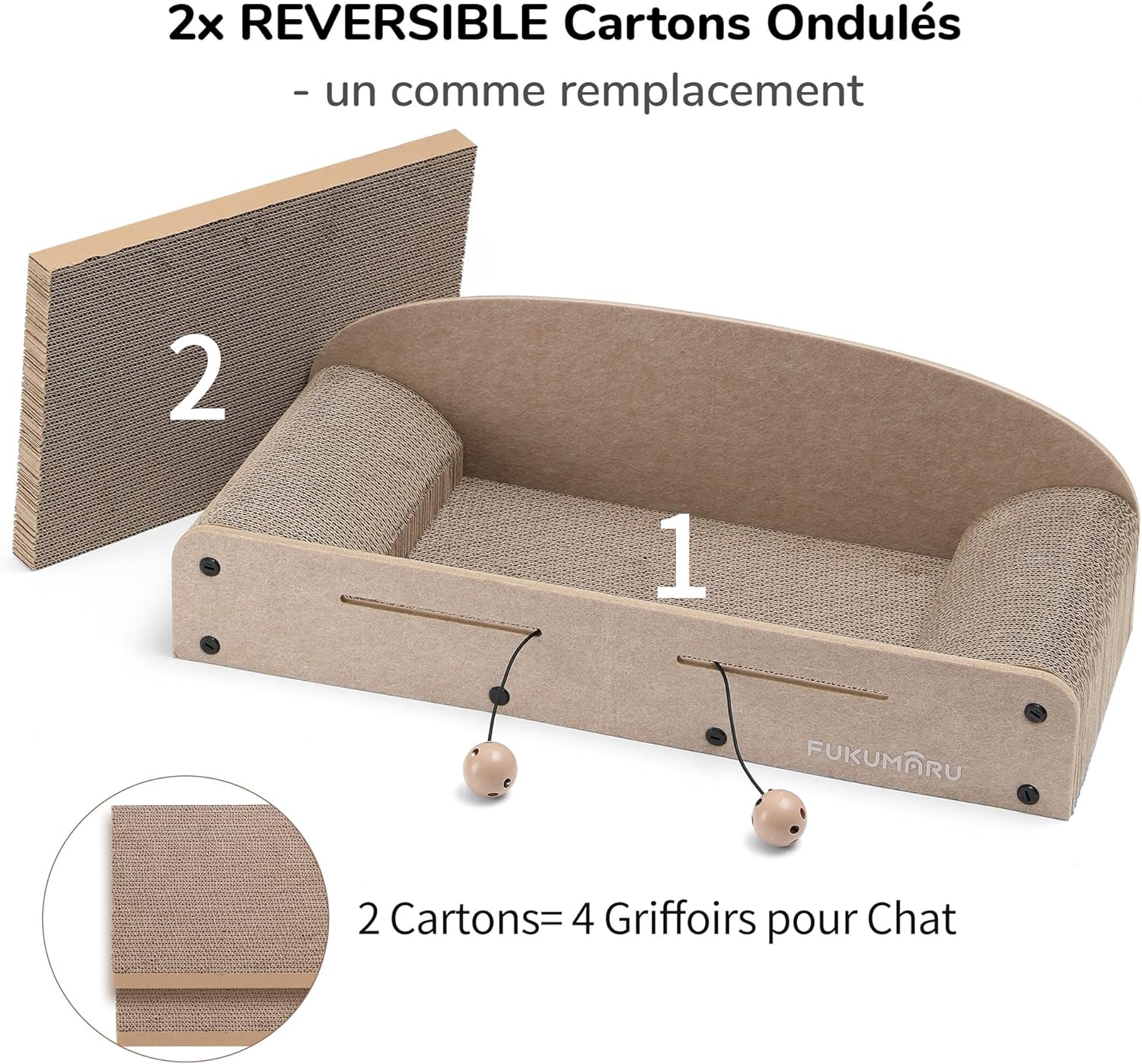 Thumbnail 3 de FUKUMARU Grattoir pour chat en carton 66 cm avec 2 griffoirs réversibles et balle cloche