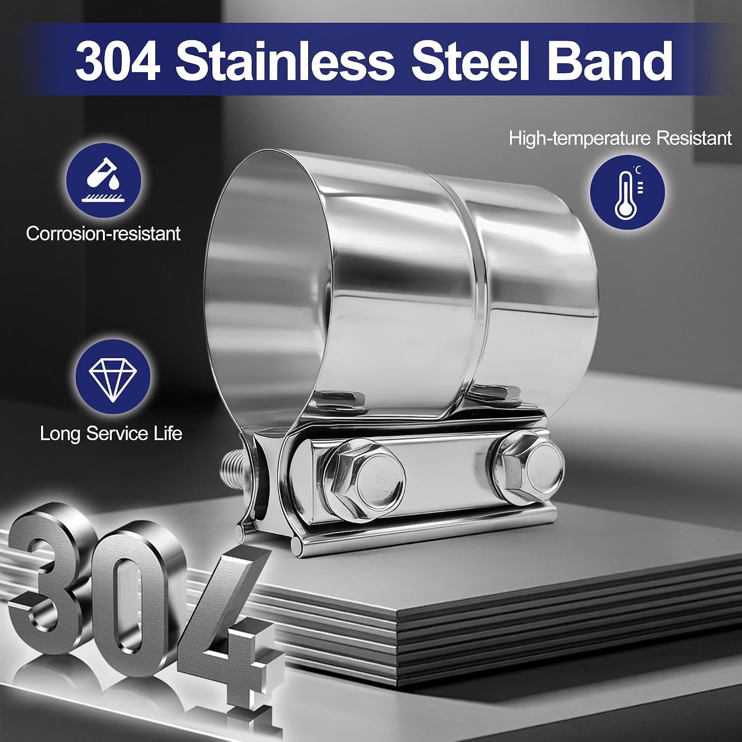 Detalle de SKYMIRO 3 Inch Exhaust Clamp (2-Pack) — 304 Stainless Steel Lap Joint Band Clamp