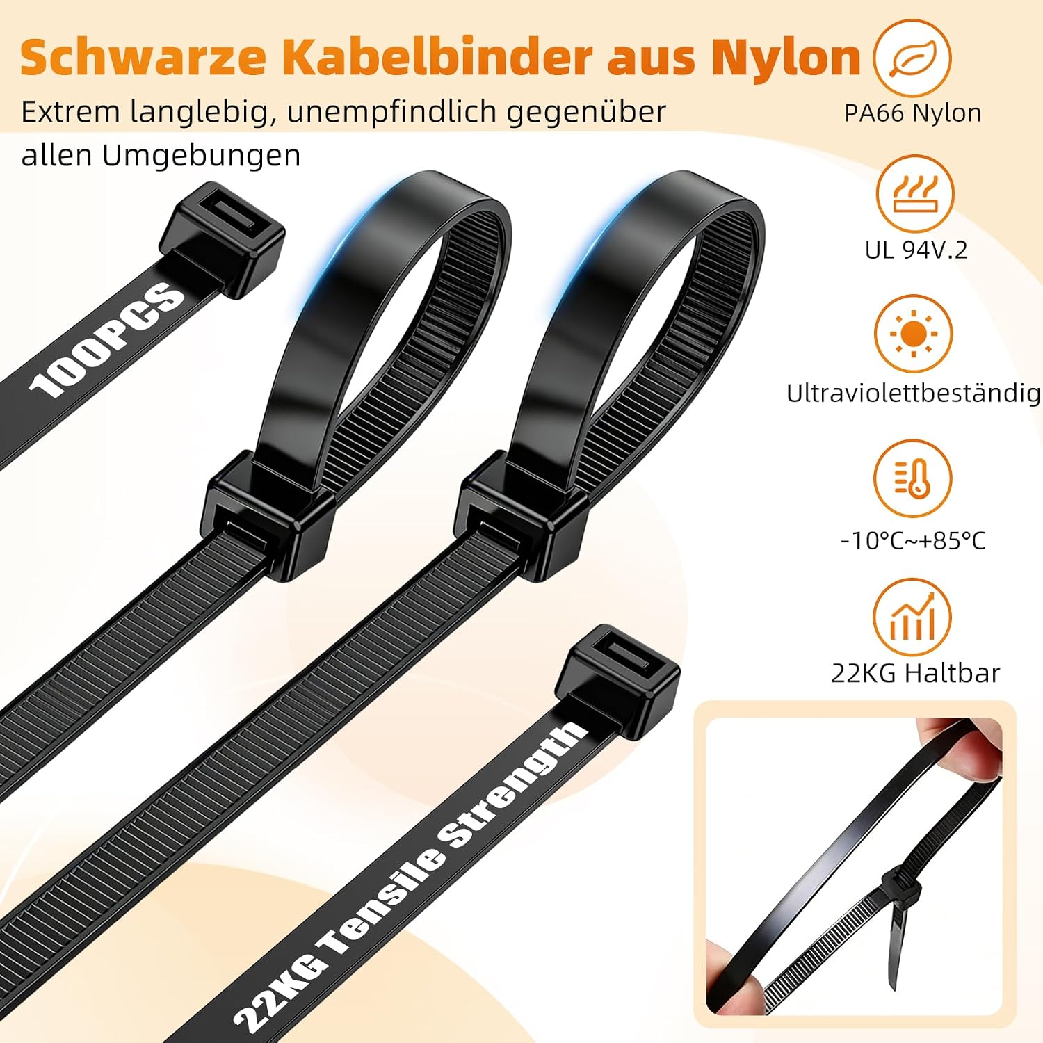 Thumbnail 1 de Kabelbinder Lang Schwarz Wiederverschließbar 500 mm x 4,8 mm – 100 Stück, UV-beständig, 22 kg Zugfestigkeit