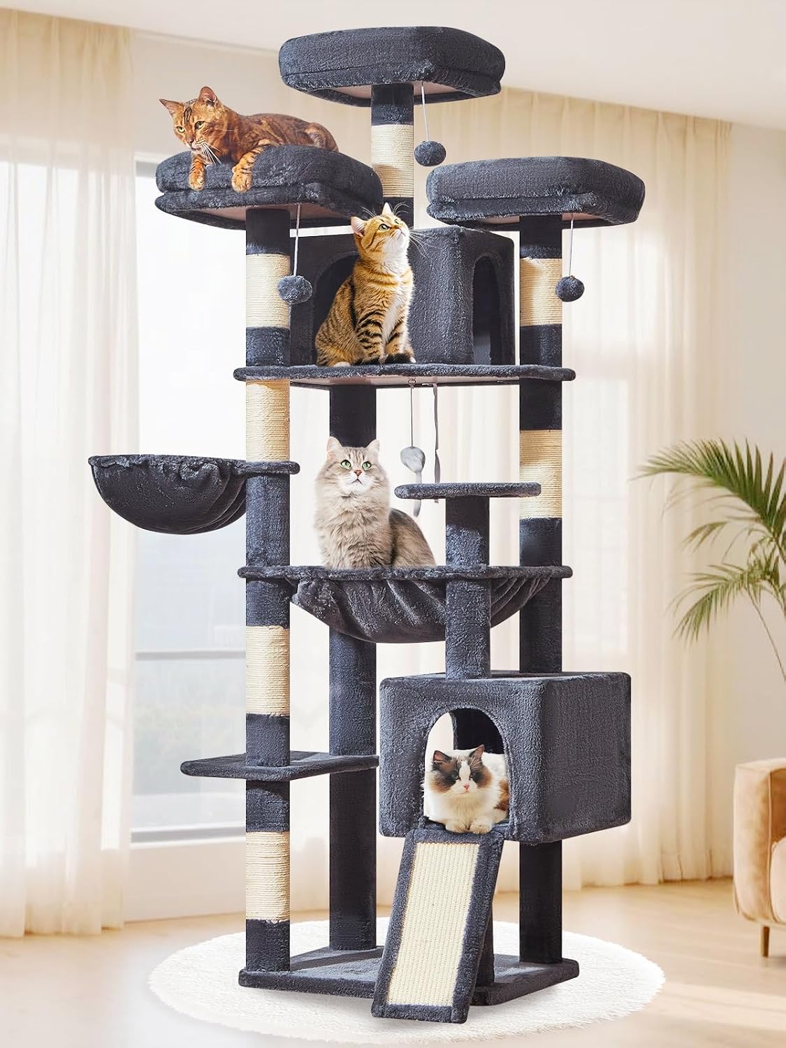 Detalle de Taoqimiao MS047G Cat Tree (193 cm) with 7 Sisal Scratching Posts, Multi-level Condos and Metal Hammock