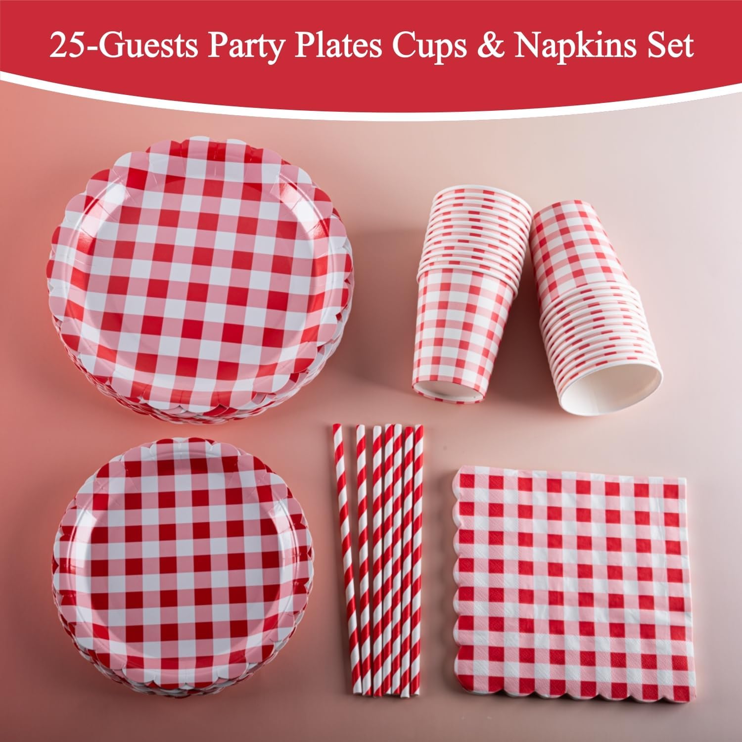 Thumbnail 1 de PHUNAT 25-Guests Party Plates Cups and Napkins Set with Red Gingham Edge