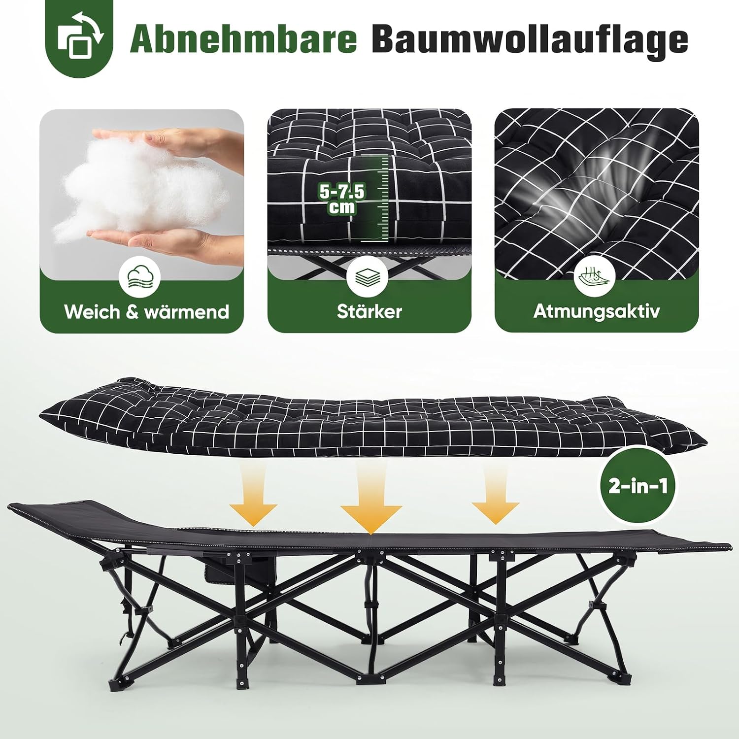 Detalle de Sekey Feldbett Klappbar XXL 190 × 71 × 35 cm mit Matratze – Campingbett mit stabilem Stahlrahmen