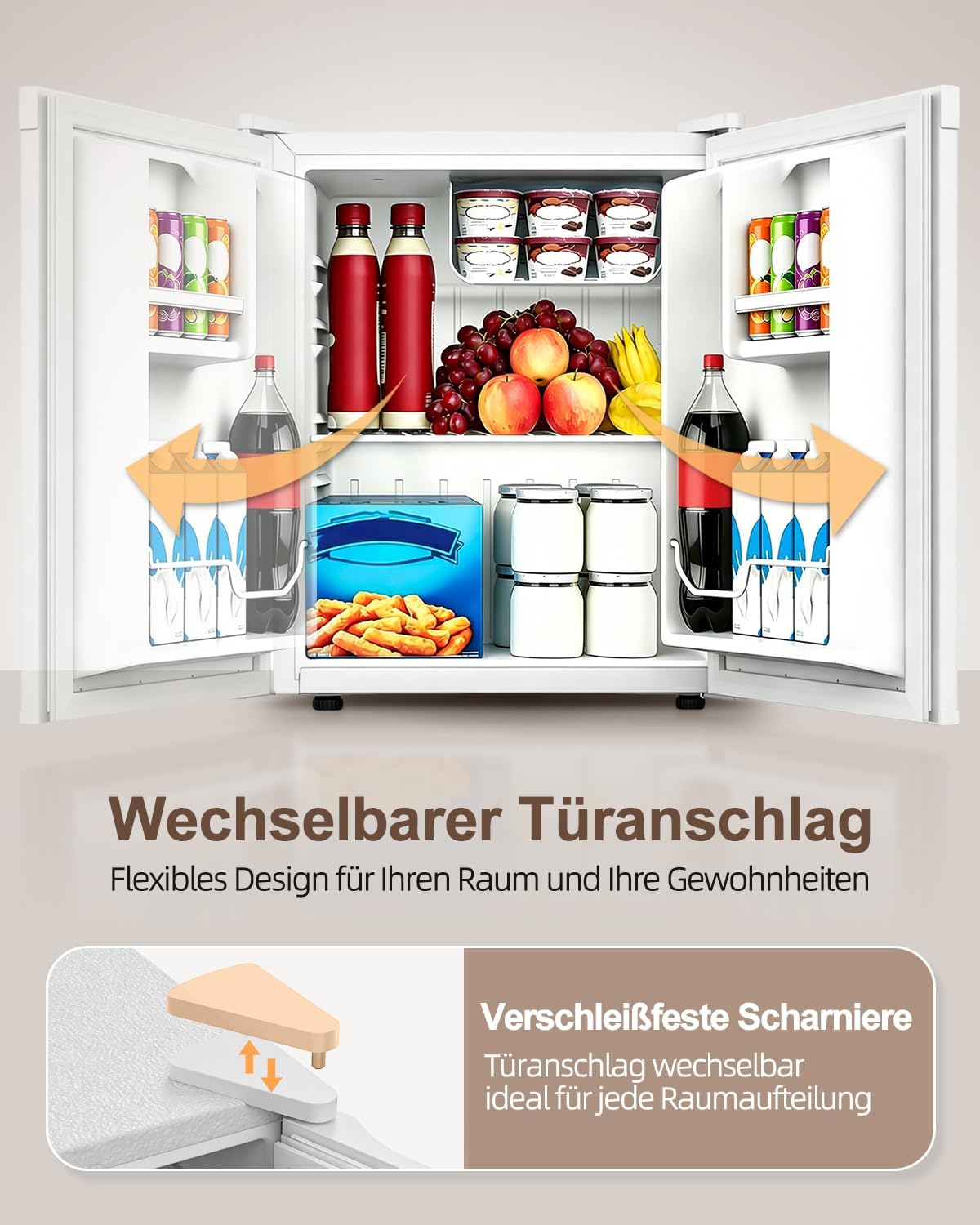 Detalle de WELLENT 46L Mini Kühlschrank – kompakt, leise und flexibel mit wechselbarem Türanschlag