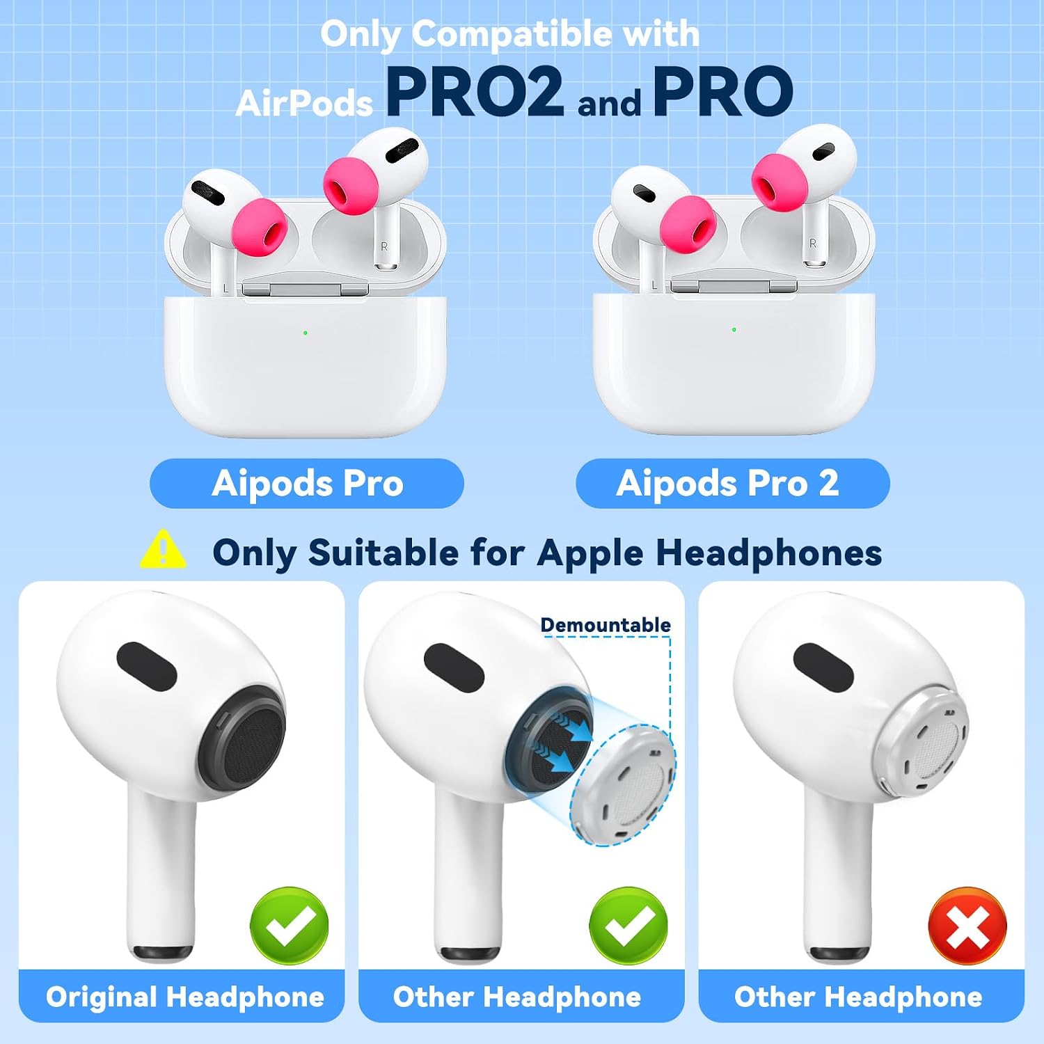 Detalle 2 de Inesore Replacement Ear Tips for AirPods Pro, Rose Red Silicone, 4 Sizes