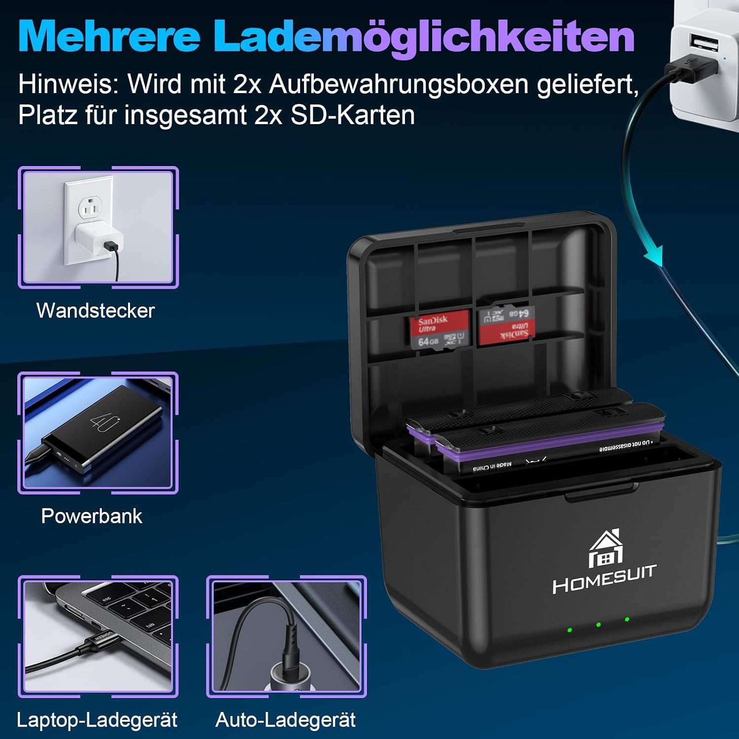 Detalle de Homesuit 2er-Pack Insta360 X4 Akku 2500 mAh + Schnellladegerät 3-Kanal – kompatibel mit Insta360 X4