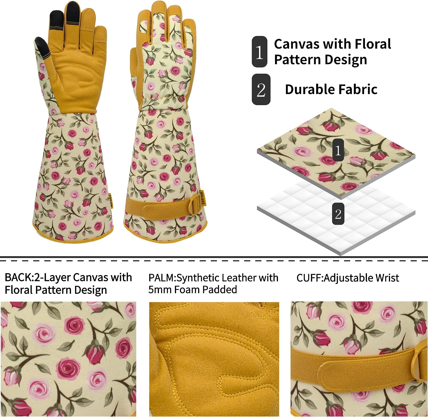 Detalle de SAVJOB Gardening Gloves with Floral Canvas