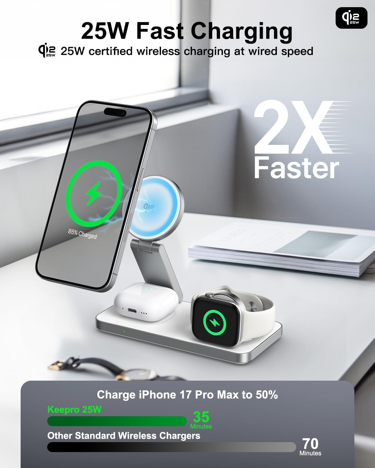 Thumbnail 1 de KEEPRO 3-in-1 Wireless Charging Station (Qi2 25W) with MagSafe stand for iPhone and watch charging