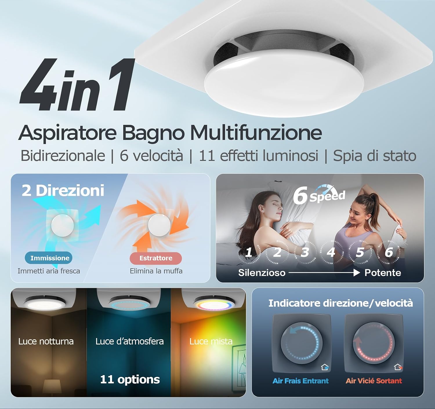 Thumbnail 1 de BUMSOU Aspiratore Bagno 100mm con Telecomando e 11 Effetti Luminosi – Silenzioso e Bidirezionale