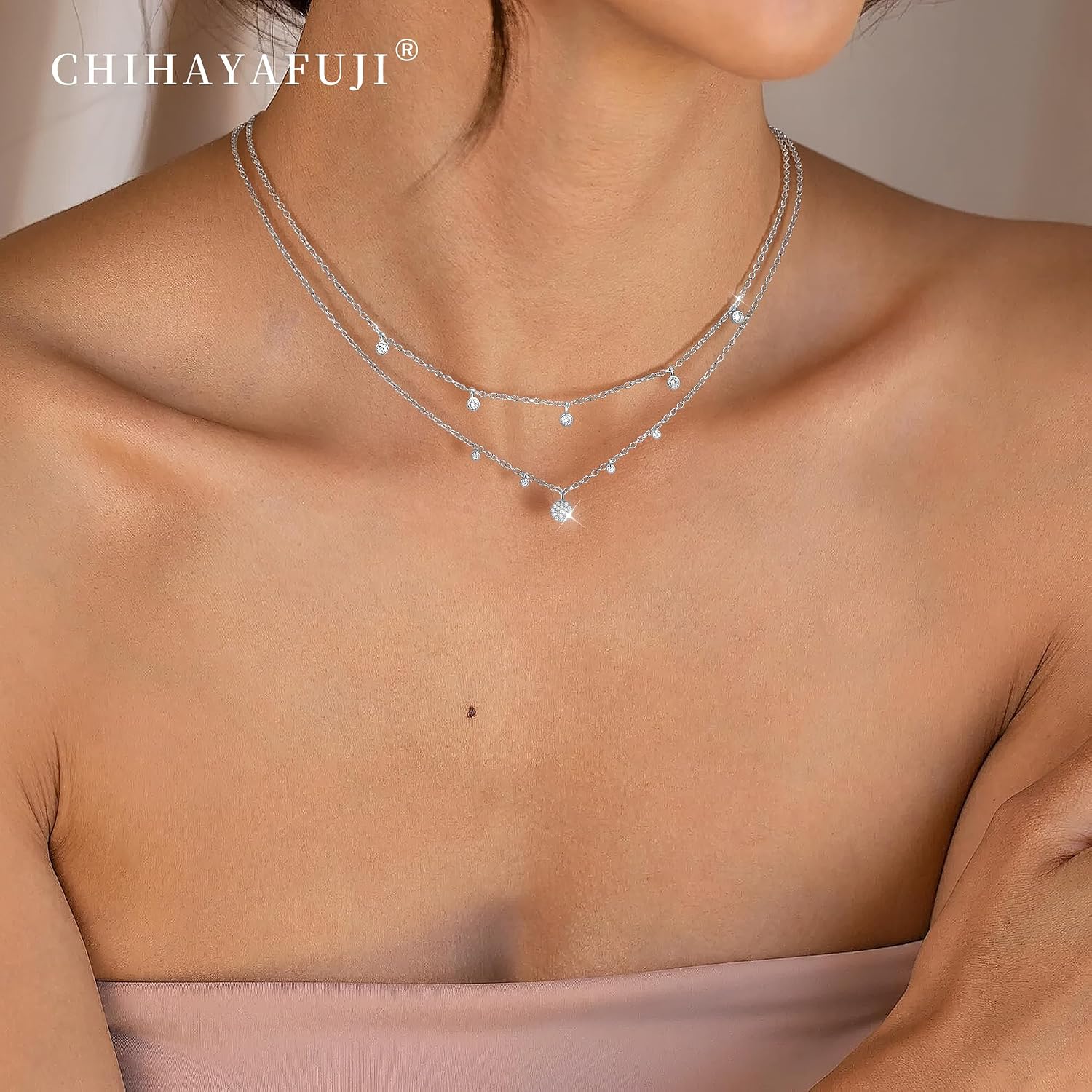 Detalle de Chihayafuji 925 Silver Pendant Necklace for Women – Layered Dainty Cubic Zirconia, Gold Plated & Waterproof