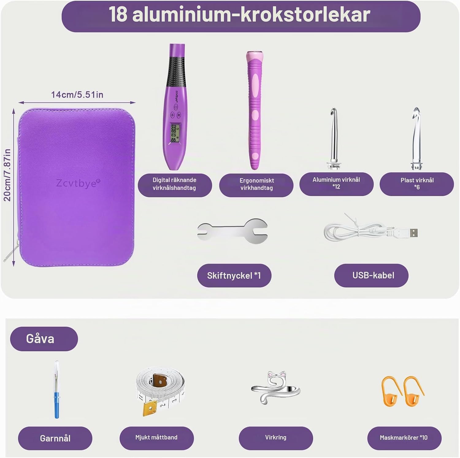 Thumbnail 3 de Transplant CCH-L4 virknålsset med LED-ljus, radräknare och 18 storlekar