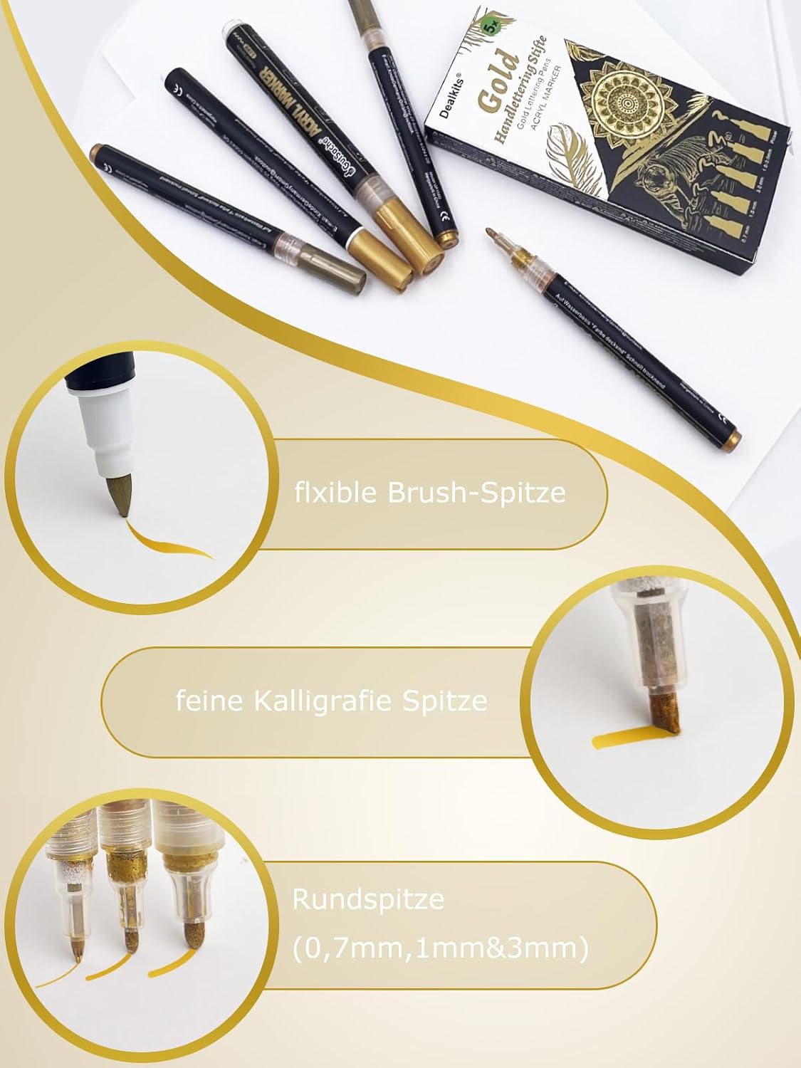 Detalle 2 de DealKits Goldene Acrylmarker Set mit 5 Stiften