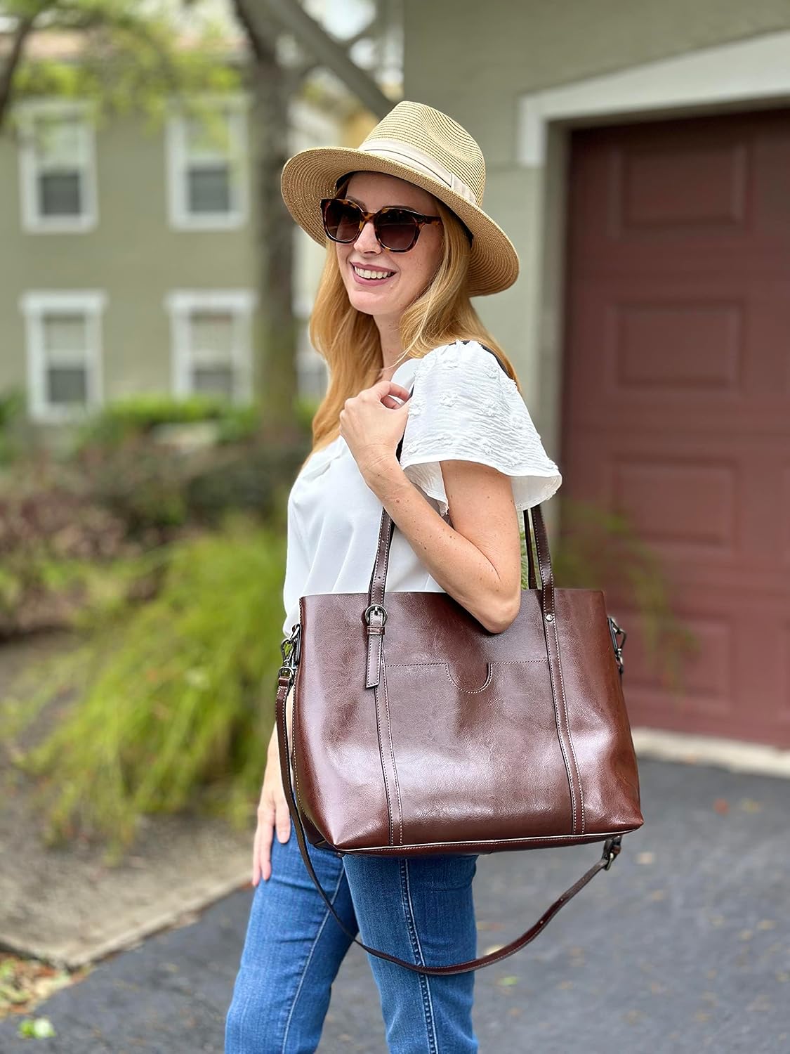 Detalle de S-ZONE Sac à bandoulière en cuir véritable avec poignée supérieure – Grand format pour femme