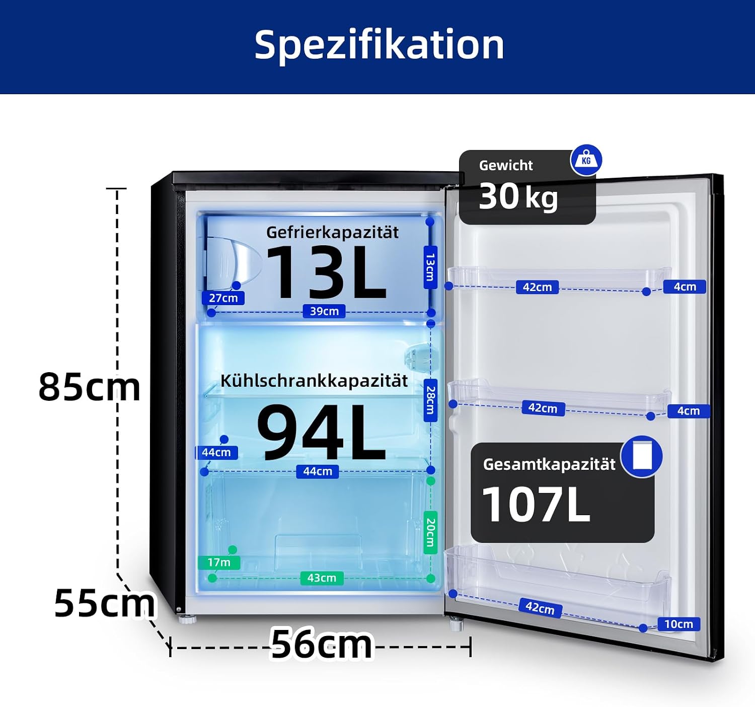 Detalle de CHiQ Kühlschrank mit Gefrierfach (-24℃), 107 L, 85 cm Höhe – kompakte Kühlung mit separatem Gefrierfach