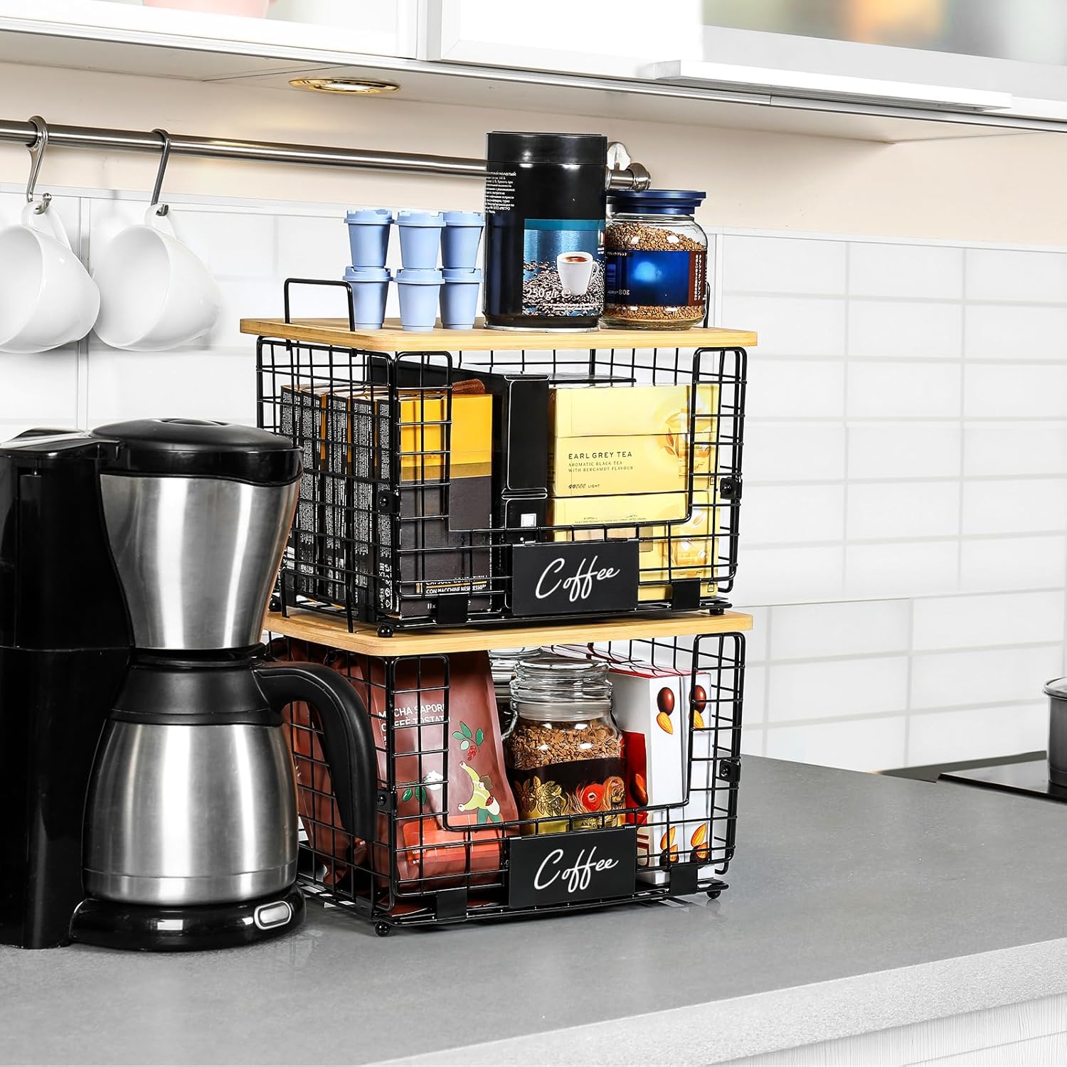 Detalle de 2 Set XL Stackable Wire Basket with Bamboo Tops & Tags – Pantry Organizer and Storage Bins