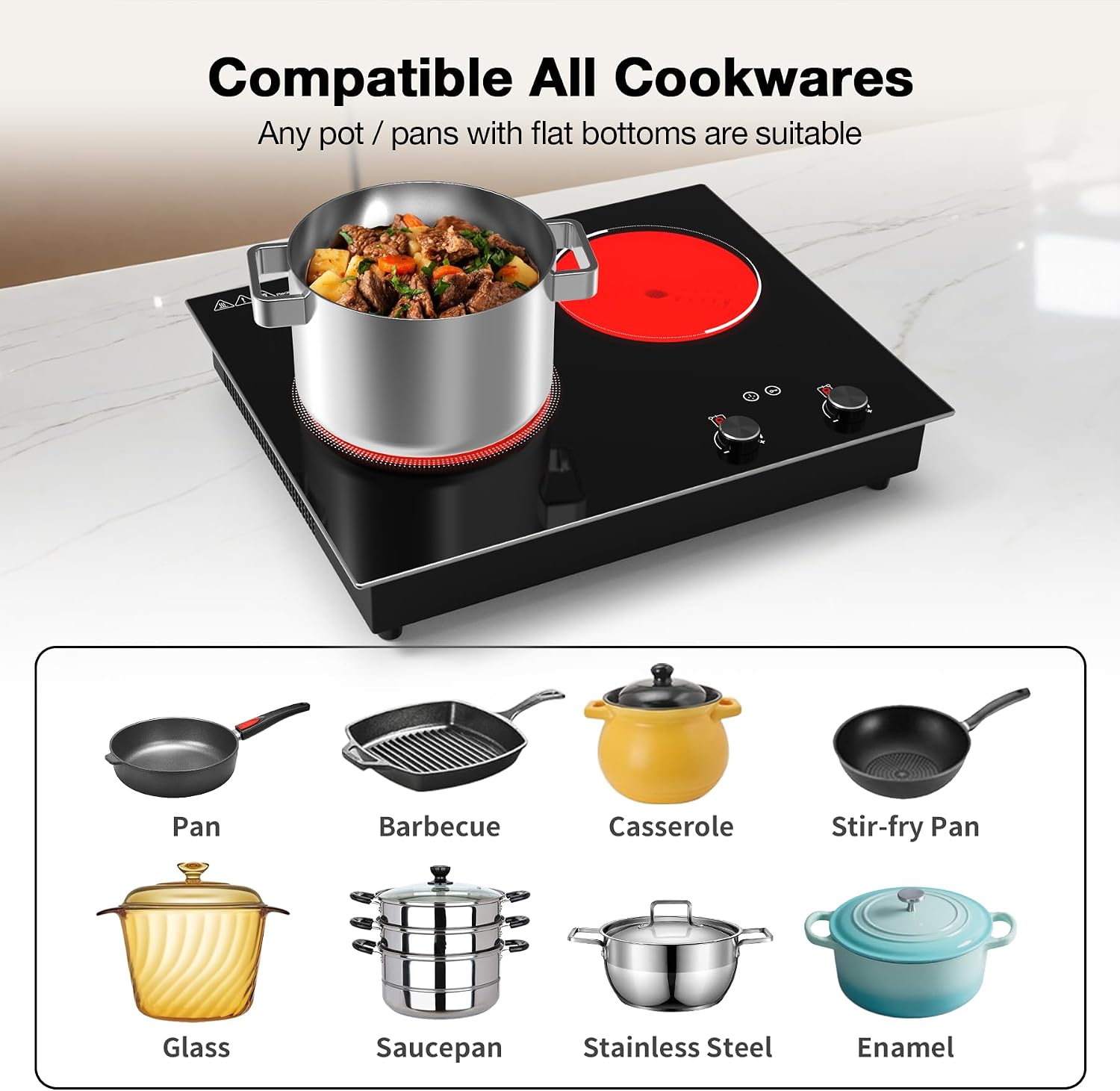 Thumbnail 3 de VBGK Double Electric Hob (3000W): Built‑in & Countertop 2‑Ring Ceramic Hob with 9 Power Levels and Safety Lock