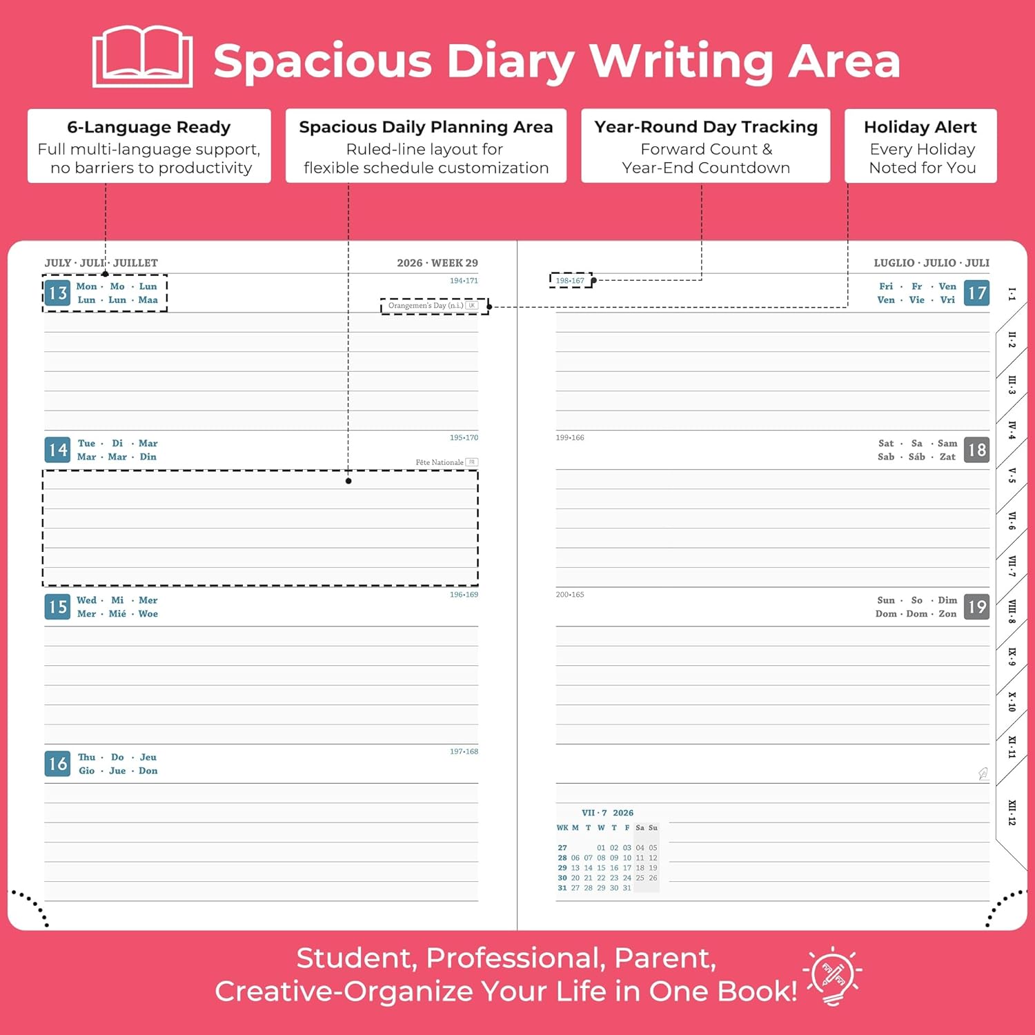 Detalle de IN-LUXPRO Academic Diary 2026-2027: A5 Week to View, Rose Red PU Leather