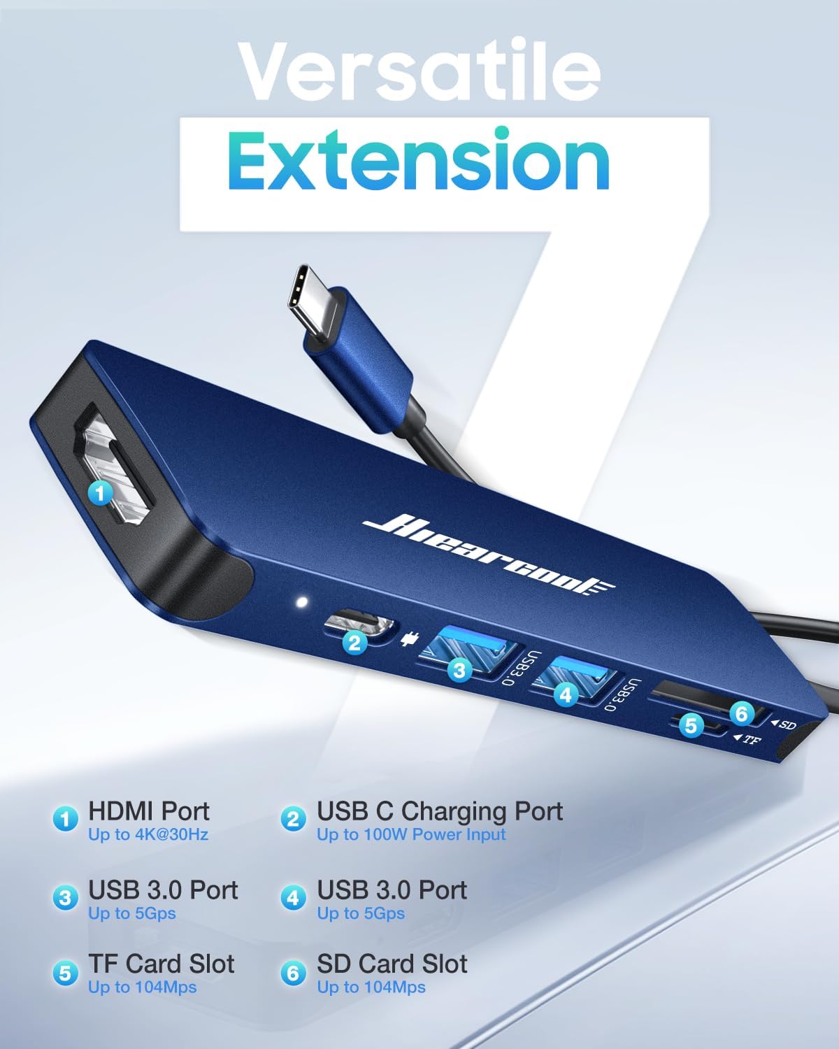 Detalle 2 de Hiearcool UCN3286 7-in-1 USB-C Hub, 4K HDMI, 100W PD, Navy Blue