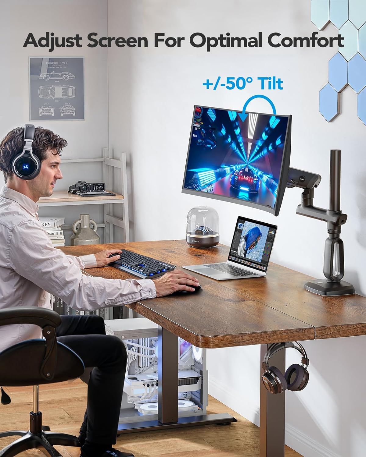 Detalle 2 de HUANUO braccio per monitor ultrawide 49" heavy duty con VESA 75x75/100x100 e supporto fino a 18 kg