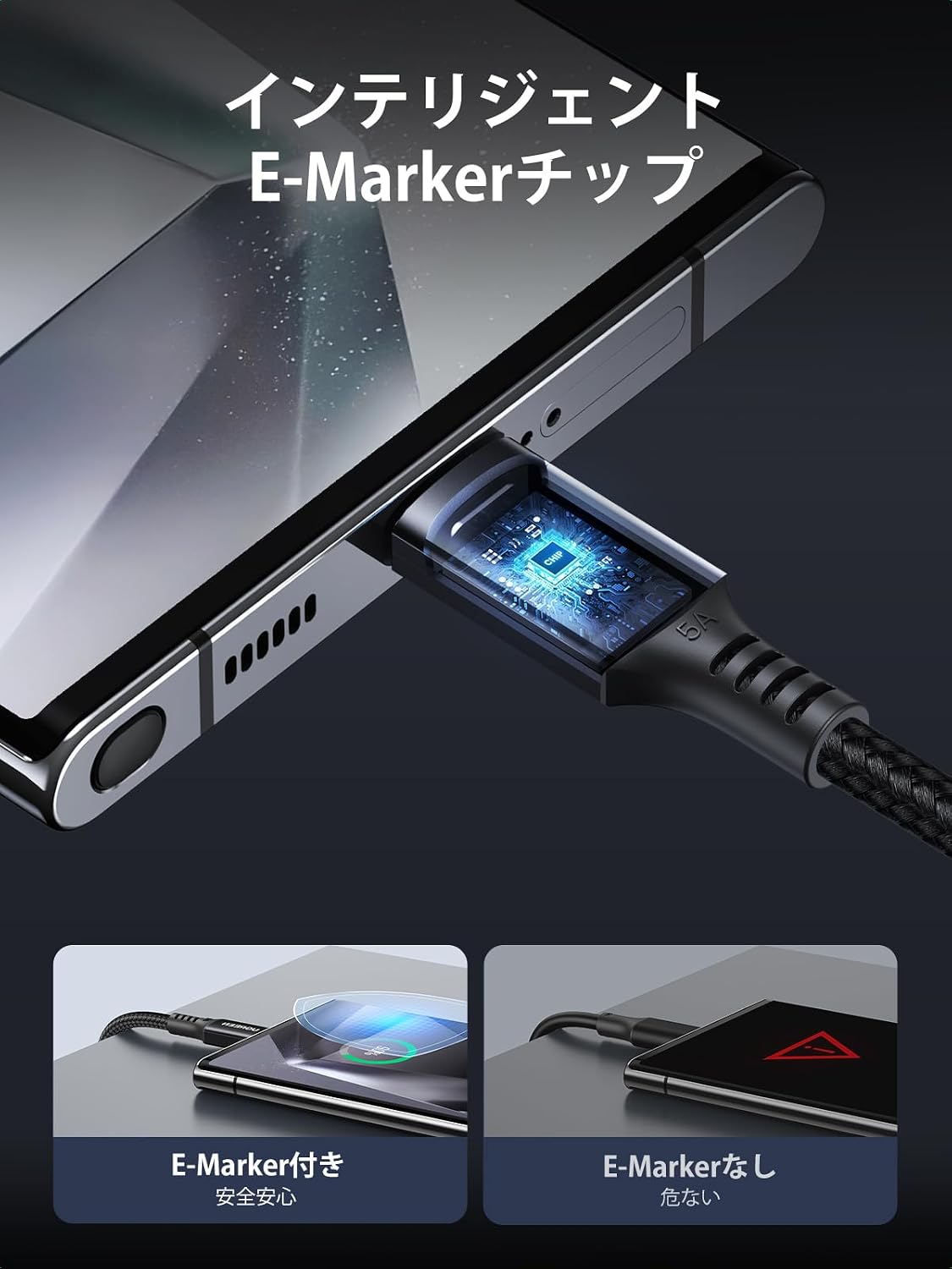 Detalle 2 de UGREEN USB Type-Cケーブル 1m、最大100W・5A対応、ナイロン編組、480Mbpsデータ転送