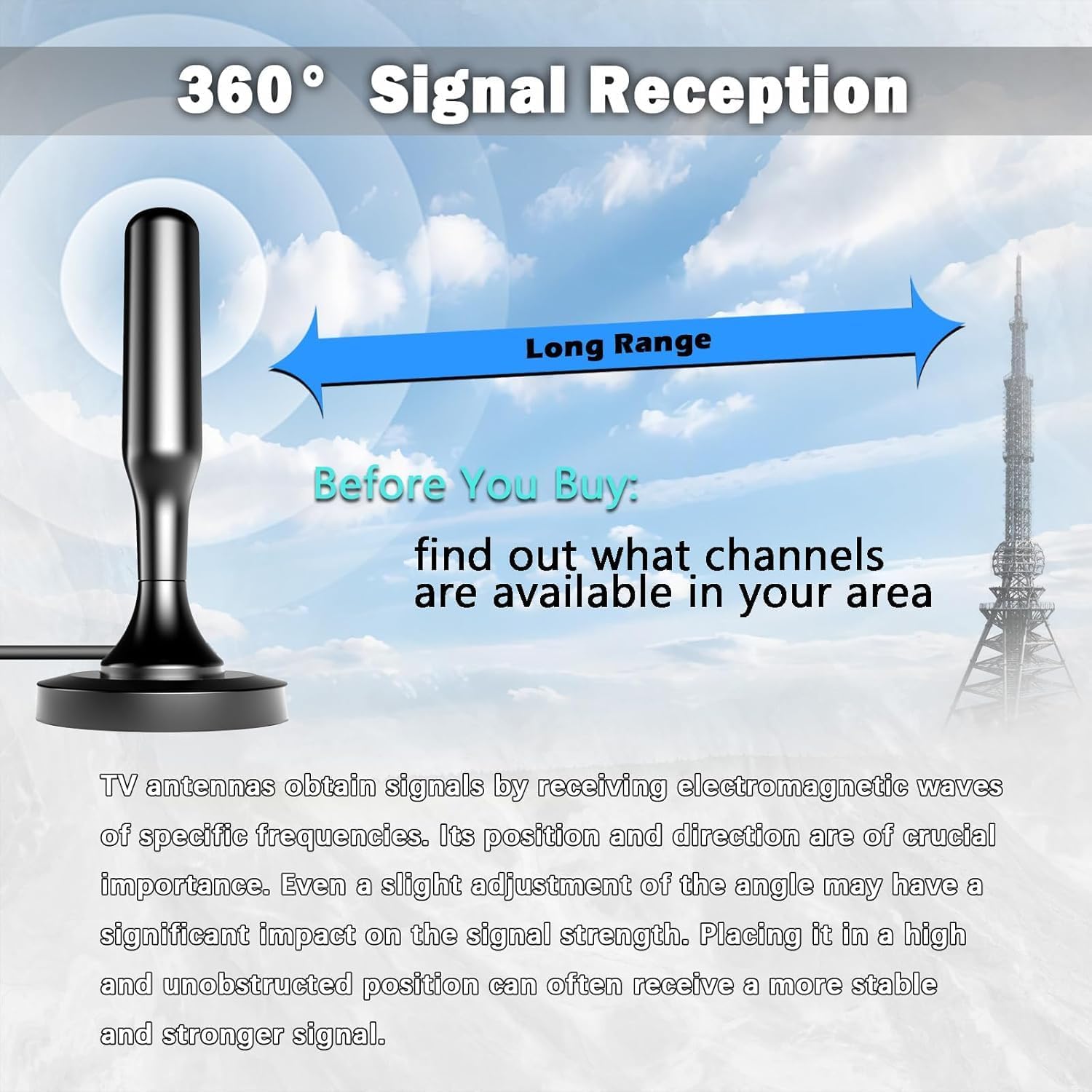 Detalle de Antenne TV intérieure puissante pour TNT (DVB-T2) – câble 2,5 m, base magnétique, compatible 4K/1080p