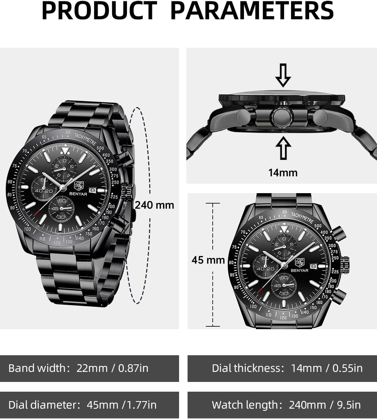 Detalle de BY BENYAR Men's Analog Quartz Chronograph Watch, 45 mm Blue Dial, Steel Bracelet