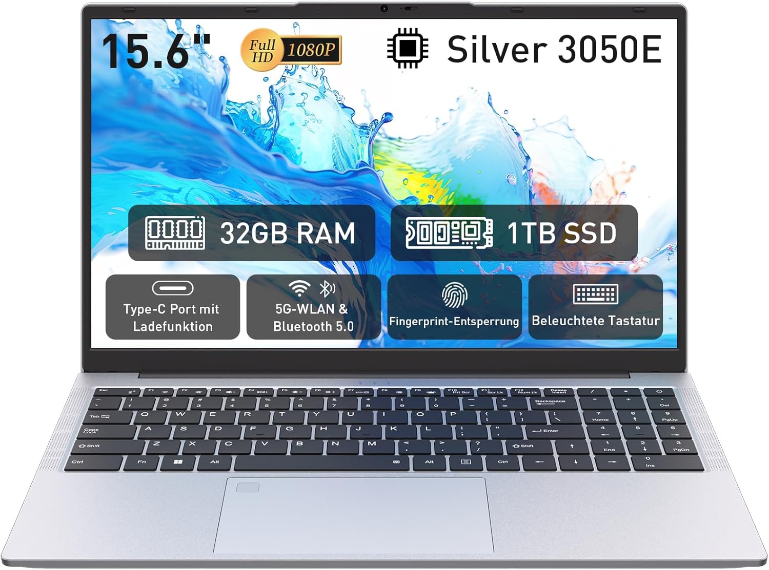 Detalle de Auusda Laptop 15,6 Zoll – 32 GB RAM, 1 TB SSD, Fingerabdrucksensor, beleuchtete Tastatur