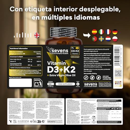 Thumbnail 6 de SEVENS NUTRITION Vitamina D3 y K2 MK7 4000 UI/200 µg en Aceite de Oliva Virgen Extra — Alta Biodisponibilidad para Huesos, Músculos e Inmunidad