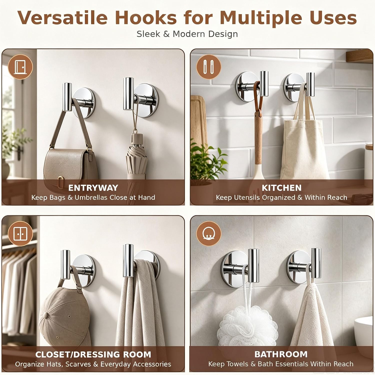 Detalle 2 de VINHOLD VIN-Self-Adhesive Hook Stainless Steel Wall Hooks, Chrome, 4-Pack