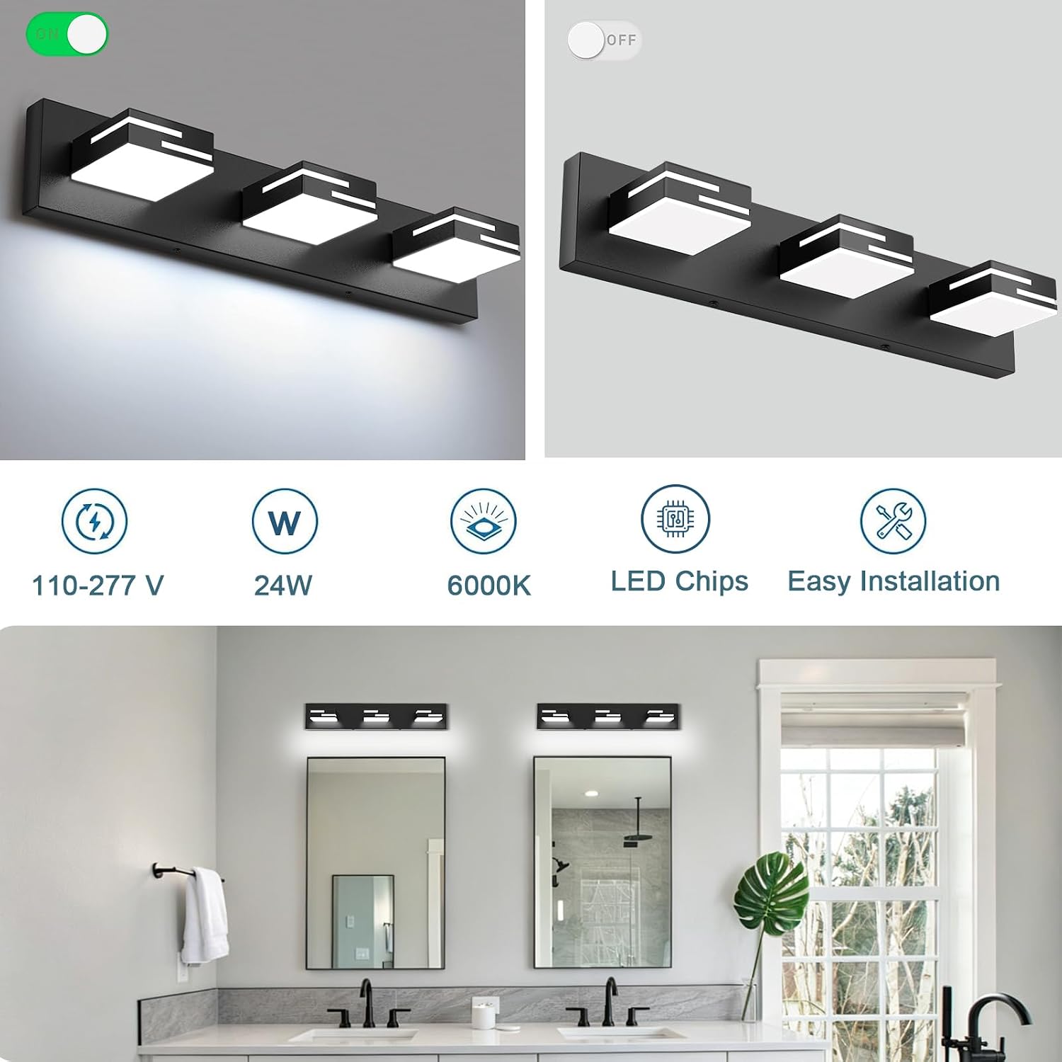 Detalle de LKHF 9553 3-Light LED Vanity Light, 56 cm Matte Black, 6000K, Dimmable