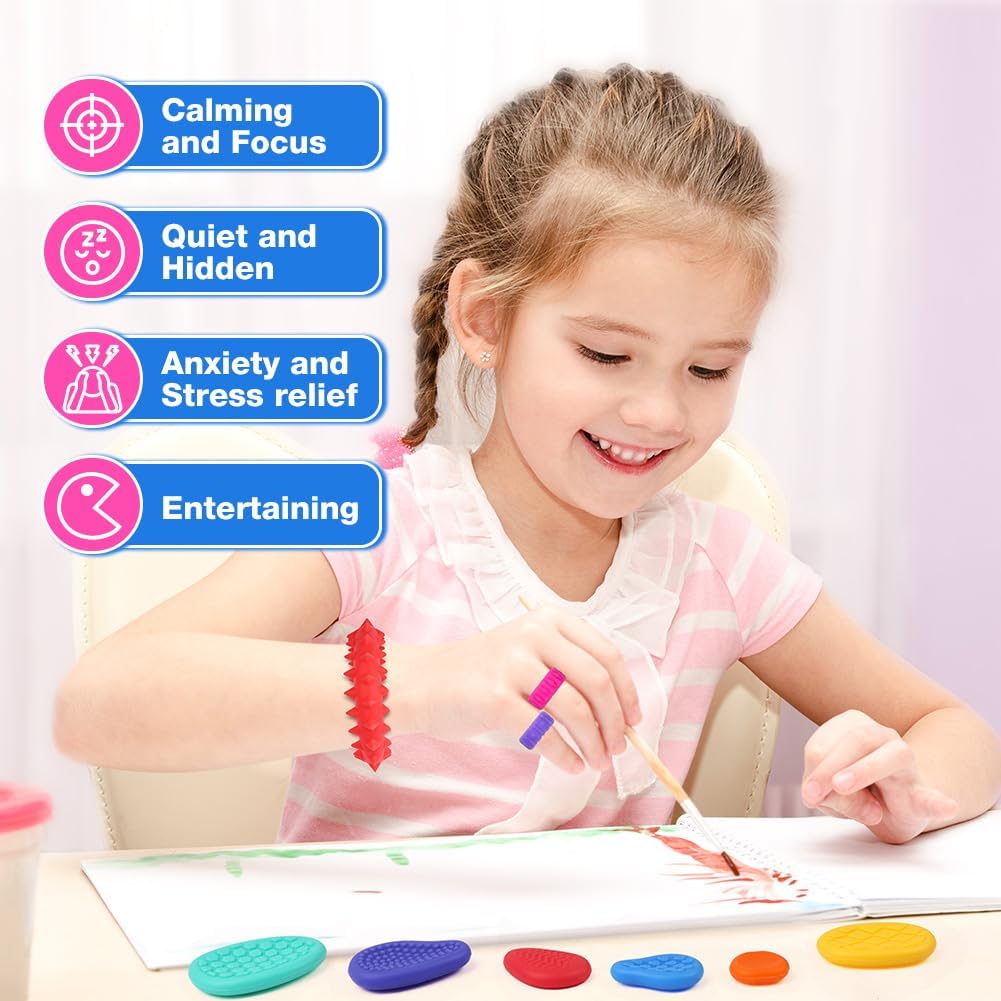 Detalle de Aolso Fidget Toys: 4 braccialetti elastici, 6 anelli e pietre sensoriali per antistress – set multiuso