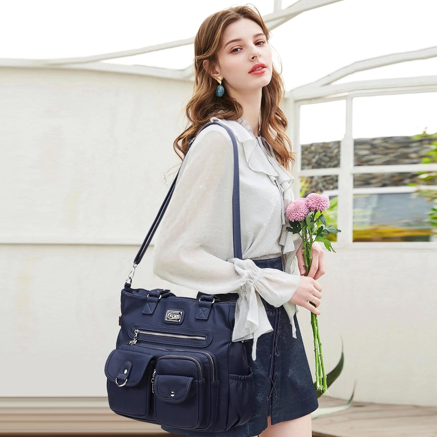 Detalle 2 de KL928 Handtasche Damen Umhängetasche Schultertasche mit vielen Fächern – Kaffee
