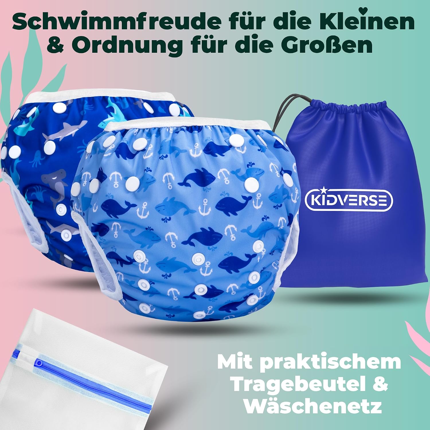 Detalle de KIDVERSE 2er Set Schwimmwindeln für Babys (0–3 Jahre), wiederverwendbar, hautfreundlich – mit Tasche & Wäschenetz