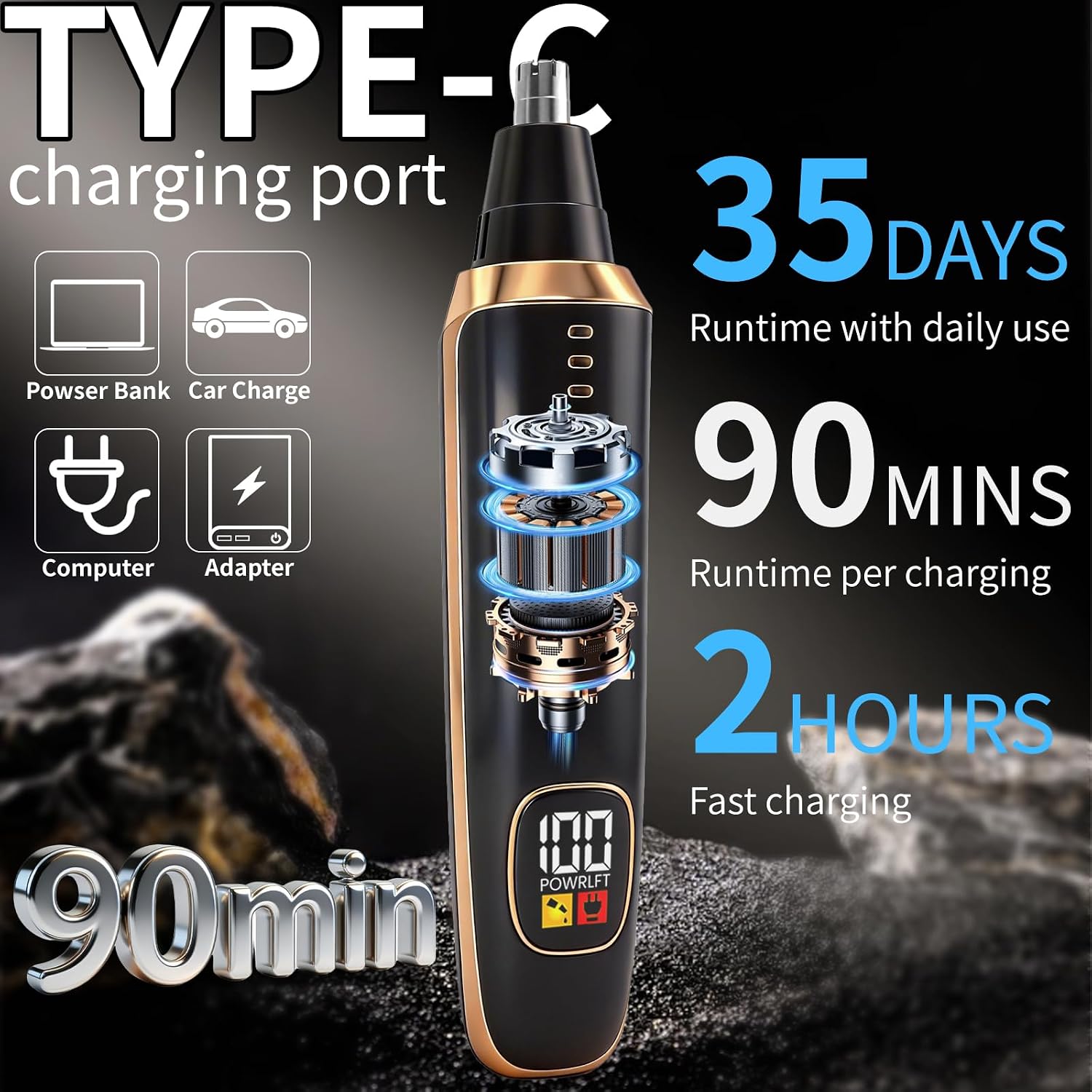 Detalle de Yunmiss 2-in-1 Nose, Ear and Eyebrow Hair Trimmer with LED Display – USB Rechargeable, IPX7 Waterproof