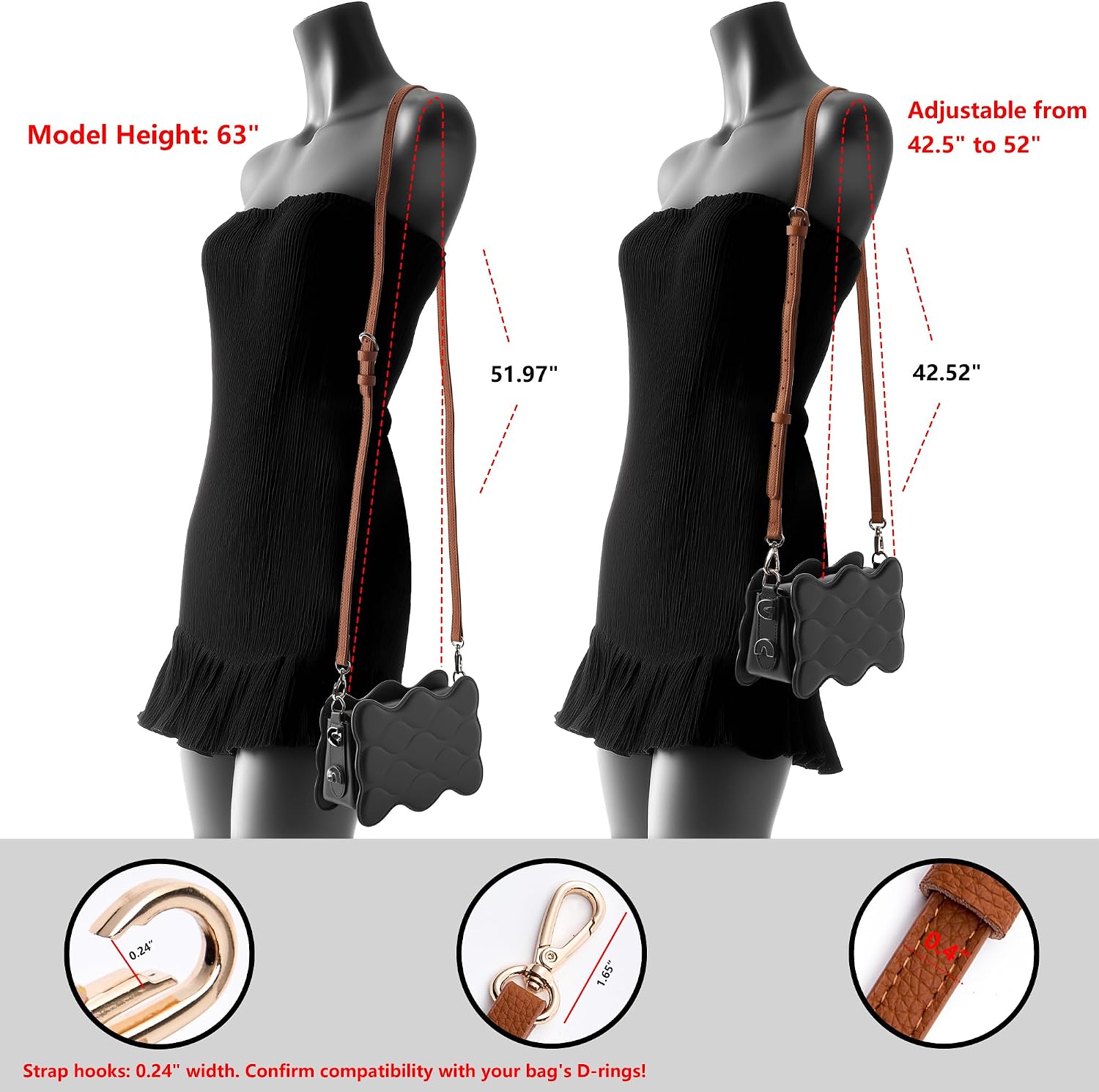 Thumbnail 1 de SEAVILIA PU Leather Purse Strap, Adjustable 43–51 in, Brown with Gold Hardware