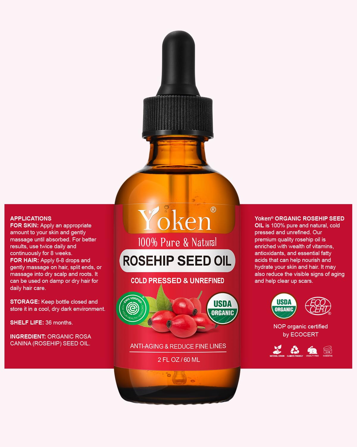 Thumbnail 6 de Yoken Organic Rosehip Seed Oil (100% Pure, Cold-Pressed, Unrefined) for Face, Skin, Hair & Nails — 2 fl oz