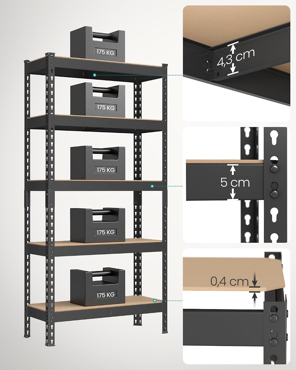 Detalle de SONGMICS COZORY GLR300B01 5-Tier Heavy-Duty Shelving Unit, 175 kg per shelf