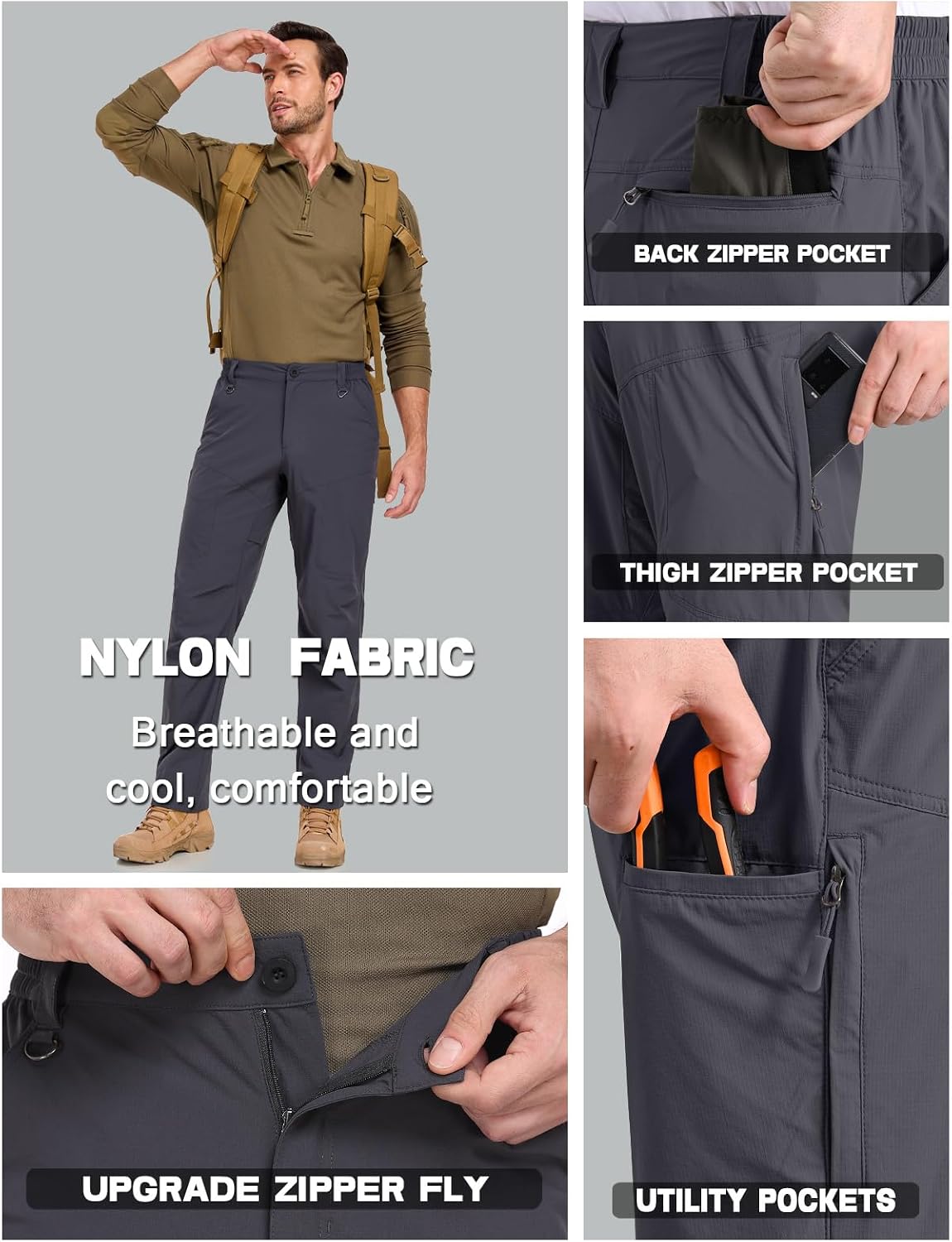 Detalle de Lightweight Cargo Hiking Pants with 6 Zipper Pockets, DWR Water-Resistant Outdoor Tactical Trousers